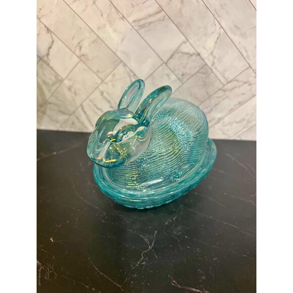 Teal Iridescent Glass Bunny Covered Dish – Hen on Nest Style - Picture 1 of 6